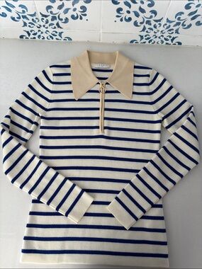 Sandro Cream & Navy Striped Zip Polo Sweater